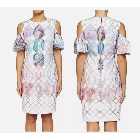 Ted Baker Krimba Sea Of Clouds Pencil Dress Cold Shoulder Multicolor Size 3 US 8 - Picture 1 of 8